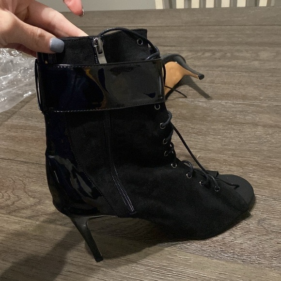 NWT BURJU Under The Influence Open Toe Lace Up Buckle Ankle Boots | Black | 13 - Picture 7 of 9